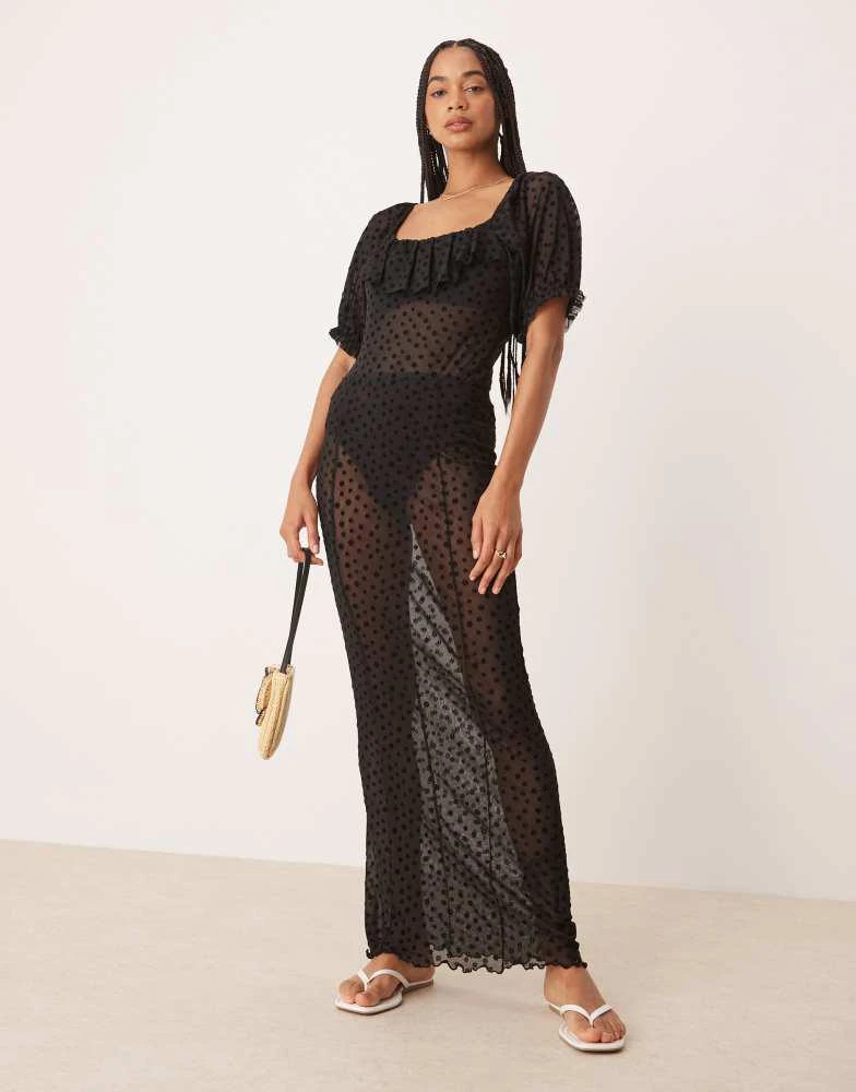 ASOS ASOS DESIGN floral flocked mesh short sleeve bodysuit with ruffle detail in black 3