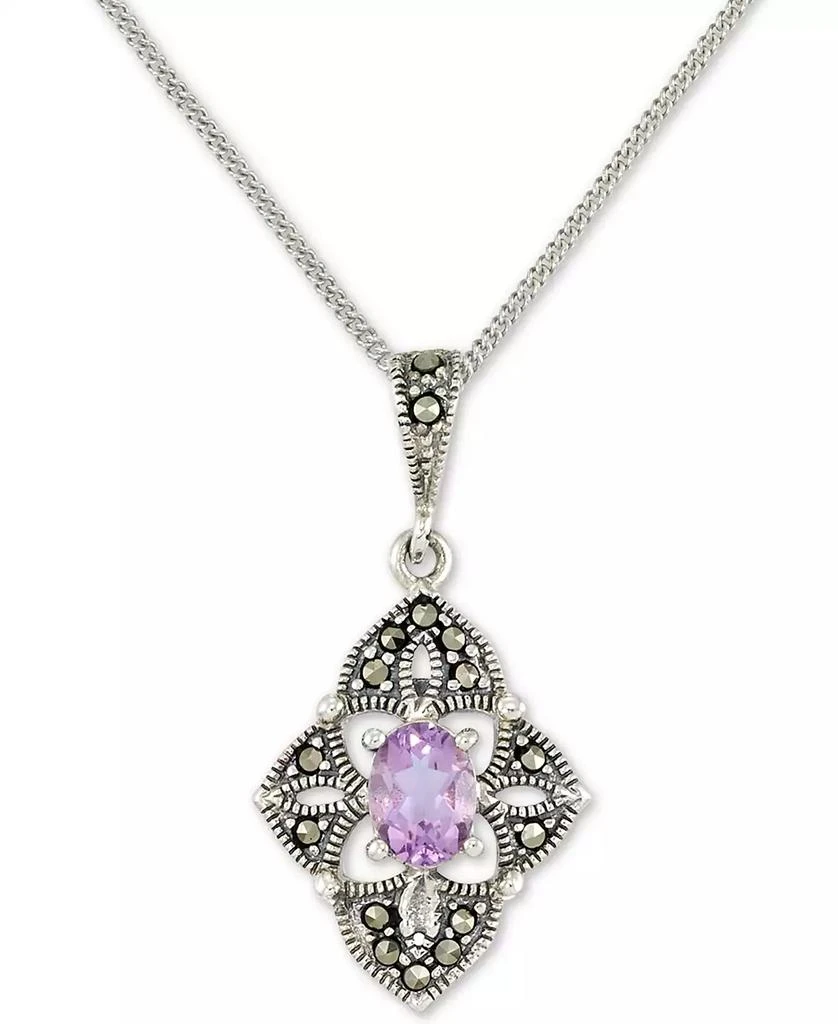 Macy's Amethyst (1/2 ct. t.w.) &  Marcasite Flower 18" Pendant Necklace in Sterling Silver 1