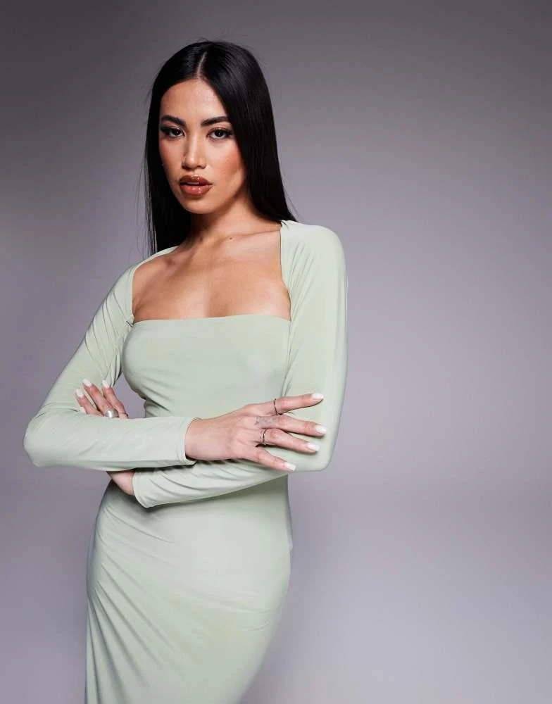 Shop Kaiia exclusive double layered slinky bandeau maxi dress with long  sleeve shrug in sage on Sale at BeyondStyle  Get 75% Off Kaiia exclusive  double layered slinky bandeau maxi dress with