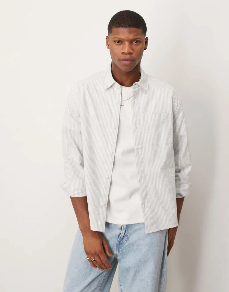 Abercrombie & Fitch Abercrombie & Fitch long sleeve cropped linen shirt in blue stripe 1