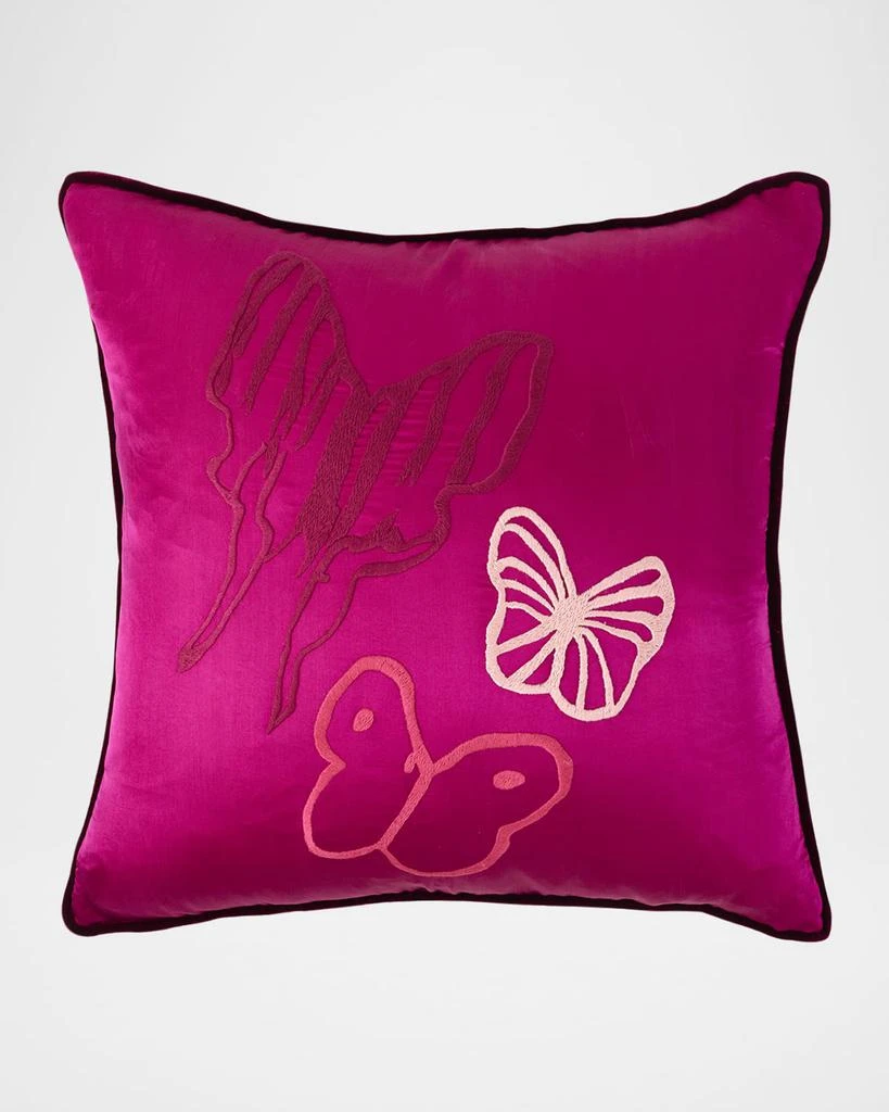 Hunt Slonem Hand-Embroidered Silk Pillow with Velvet Back, 22" Square