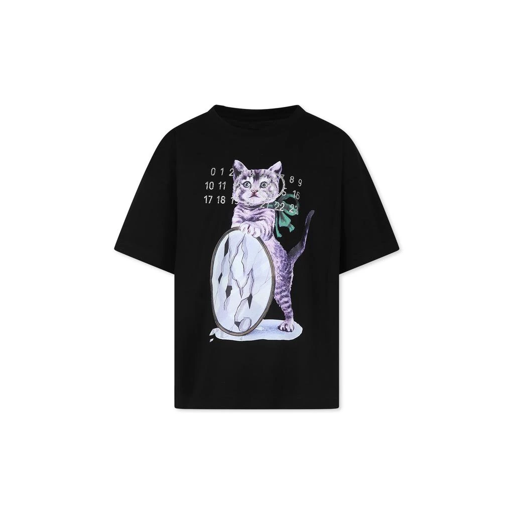 MM6 Black T-shirt For Girl With Cat Print And Numbers 1