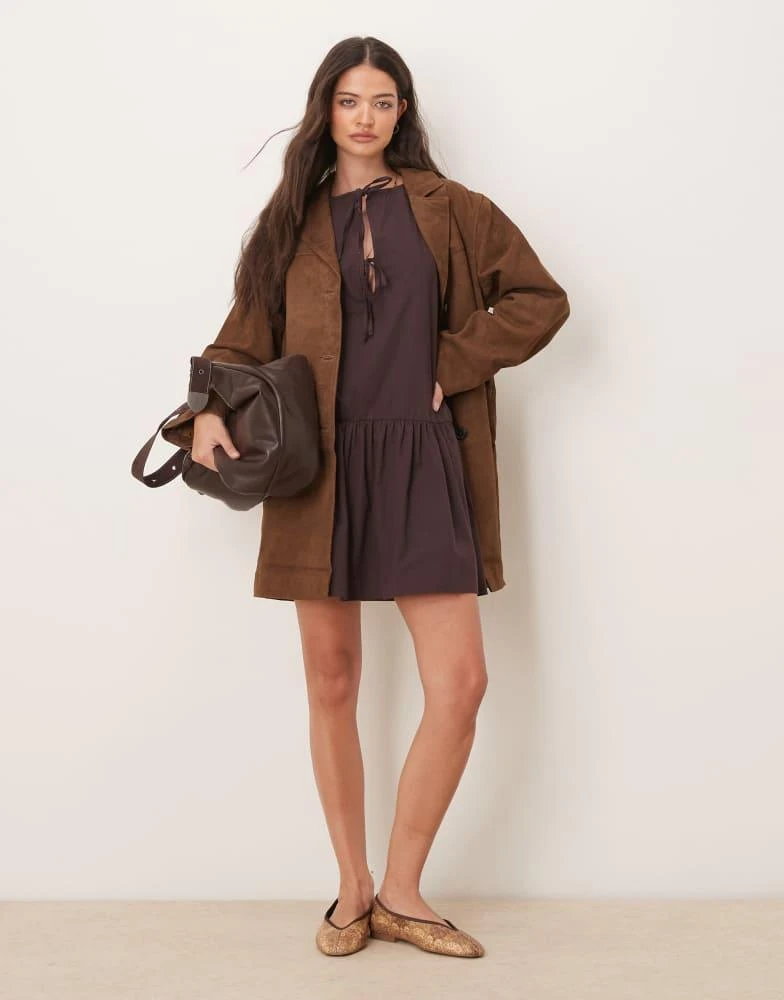 ASOS ASOS DESIGN poplin keyhole detail drop waist mini dress in chocolate 2