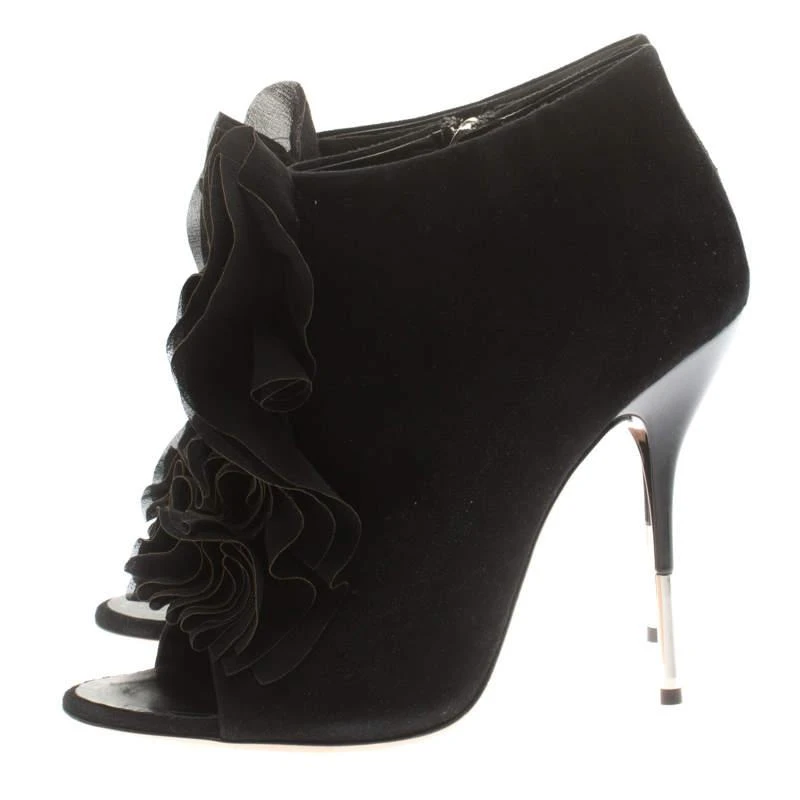 Giuseppe Zanotti Giuseppe Zanotti Black Suede Peep Toe Silk Ruffle Detail Ankle Booties Size 40.5 4