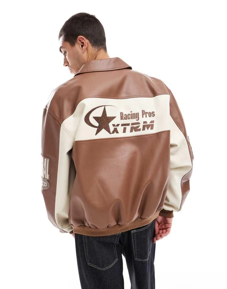 ASOS ASOS DESIGN faux leather oversized motocross jacket in tan 4