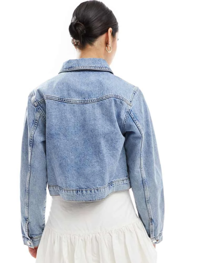 Miss Selfridge Miss Selfridge satin ribbon tie detail denim girlfriend jacket in mid blue wash 4