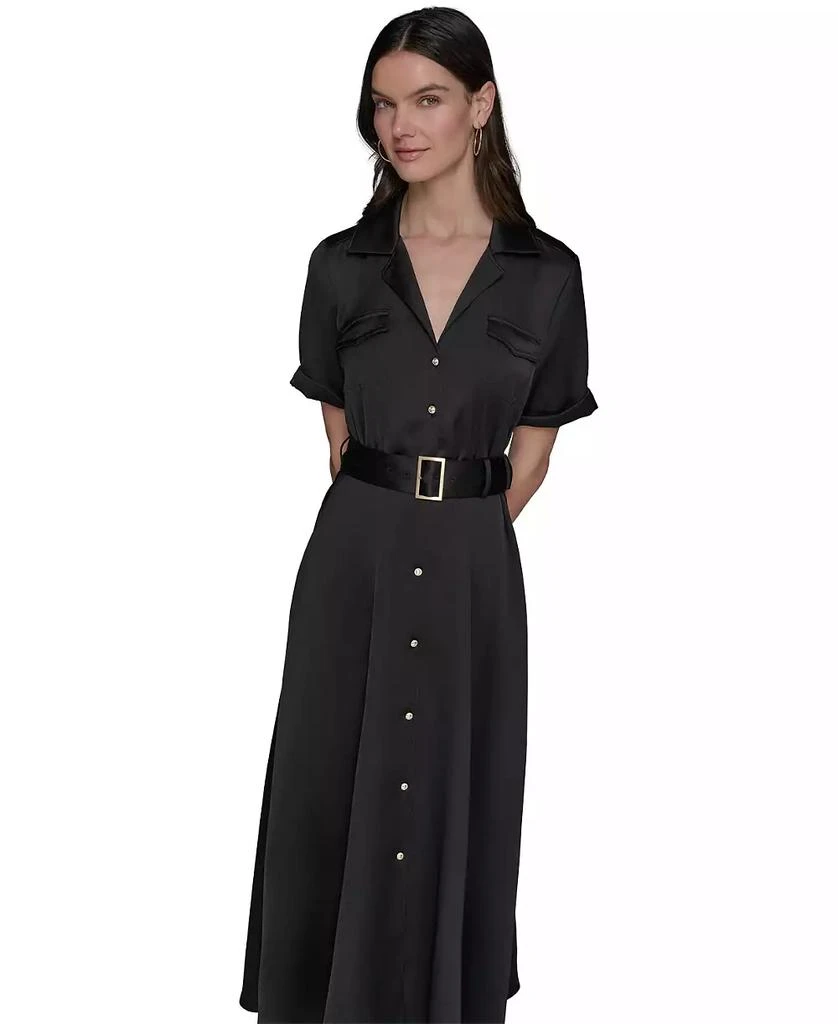 karl lagerfeld satin dress Women's Satin Signature Floral Hi-Low Utility Midi Dress | Bisque Black