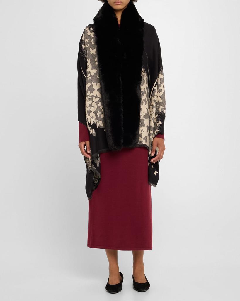 La Fiorentina Butterfly-Print Wrap with Faux Fur Trim