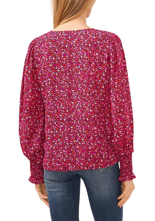 CeCe Womens V Neck Heart Blouse With Smocking Cuffs