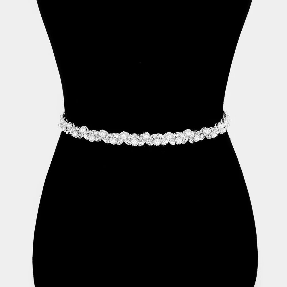 FASHNZFAB Pearl Crystal Rhinestone Floral Bridal Wedding Belt / Headband 2