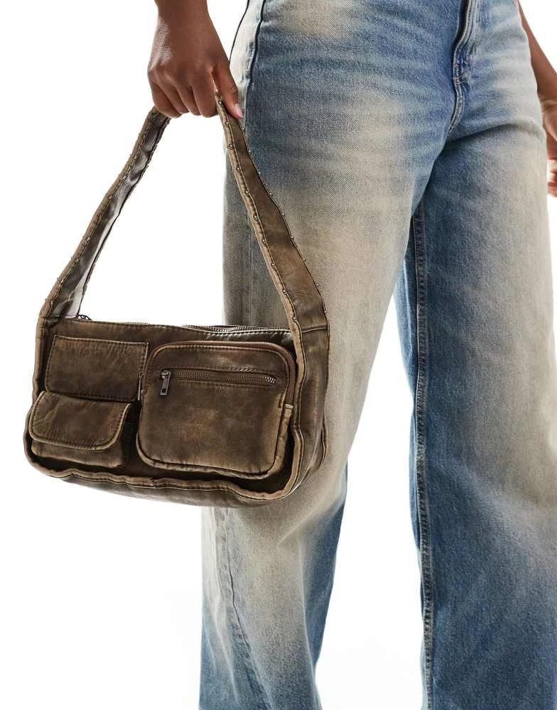 Bershka Bershka pocket detail faux leather shoulder bag in washed brown 4