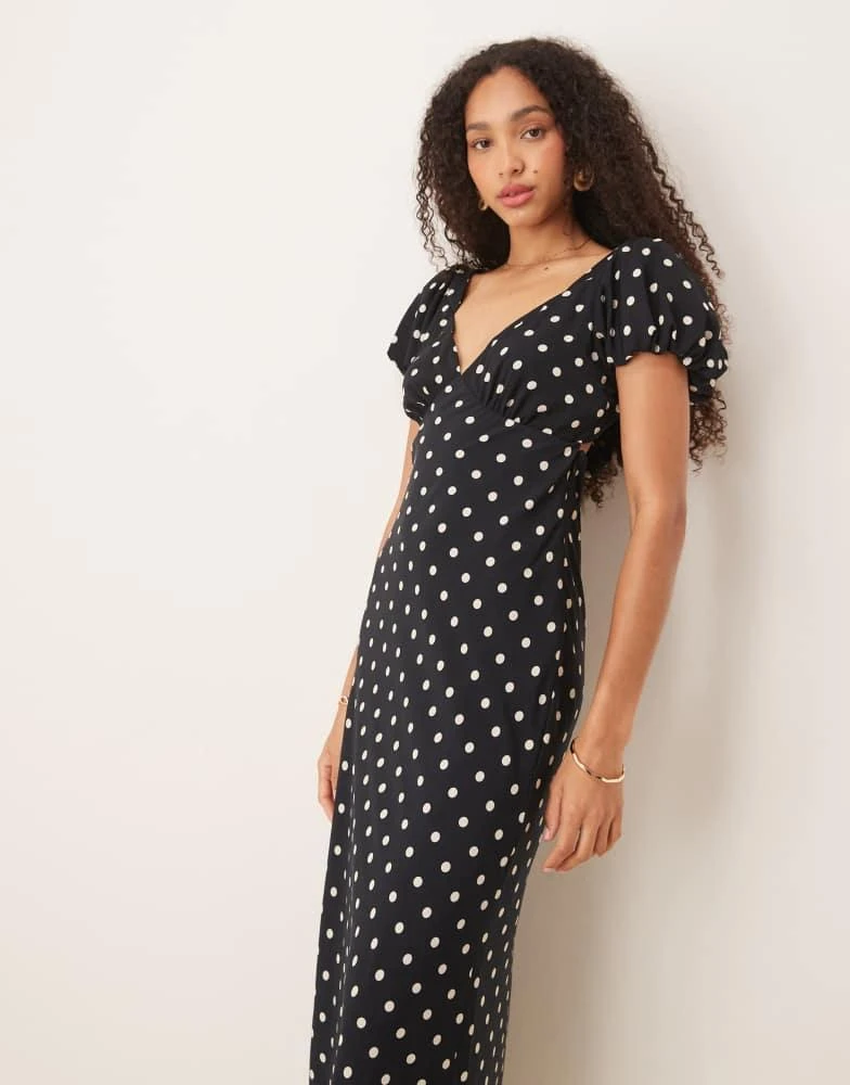 Abercrombie & Fitch Abercrombie & Fitch puff sleeve tie back slip maxi dress in black polka dot 1