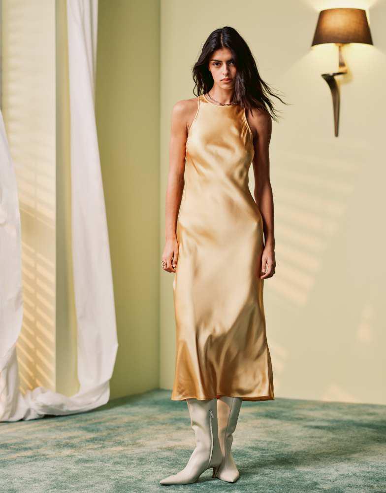 & Other Stories & Other Stories bias cut satin midi dress in yellow