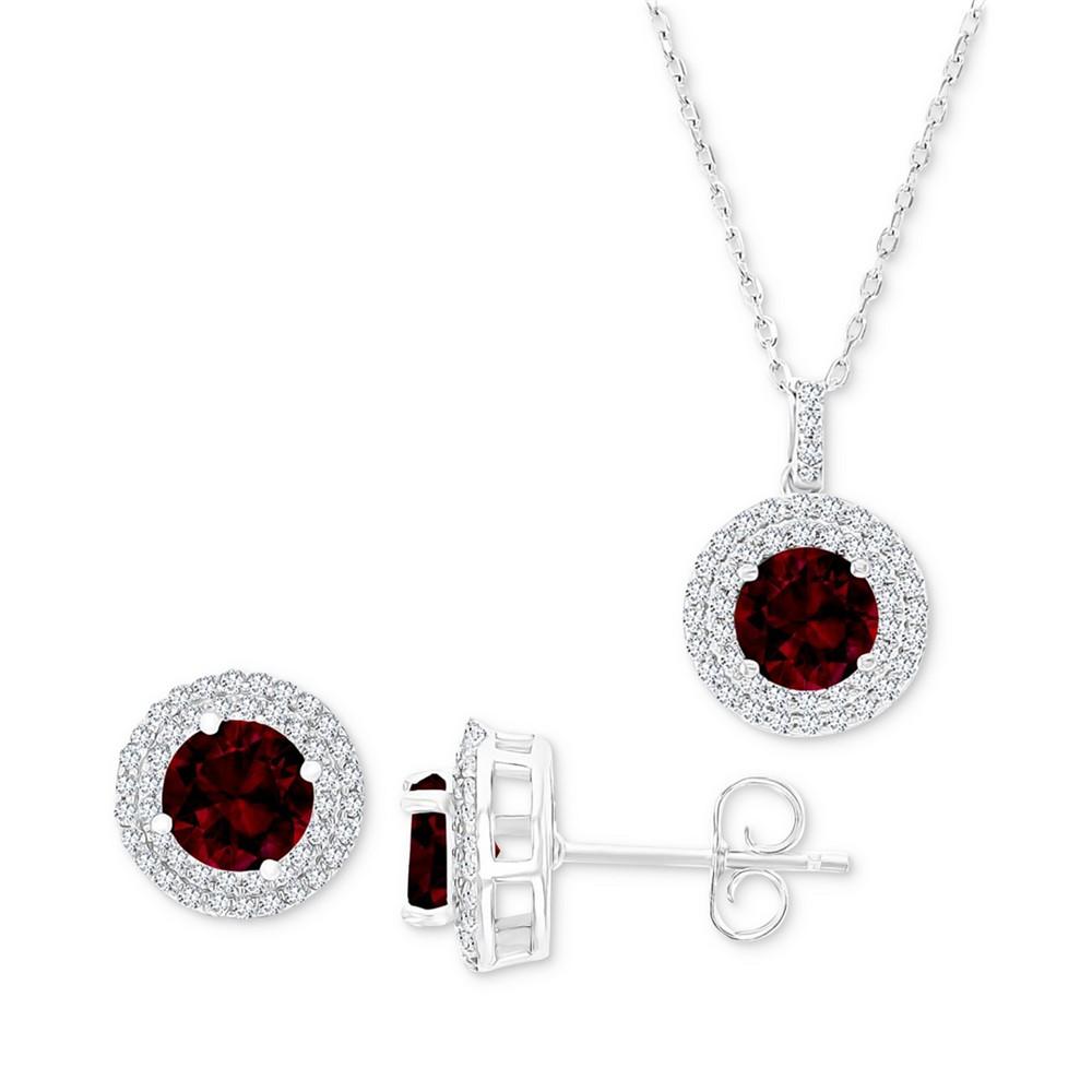 Macy's 2-Pc. Set Garnet (3-7/8 ct. t.w.) & Lab-Grown White Sapphire (1 ct. t.w.) Halo Pendant Necklace & Matching Stud Earrings in Sterling Silver