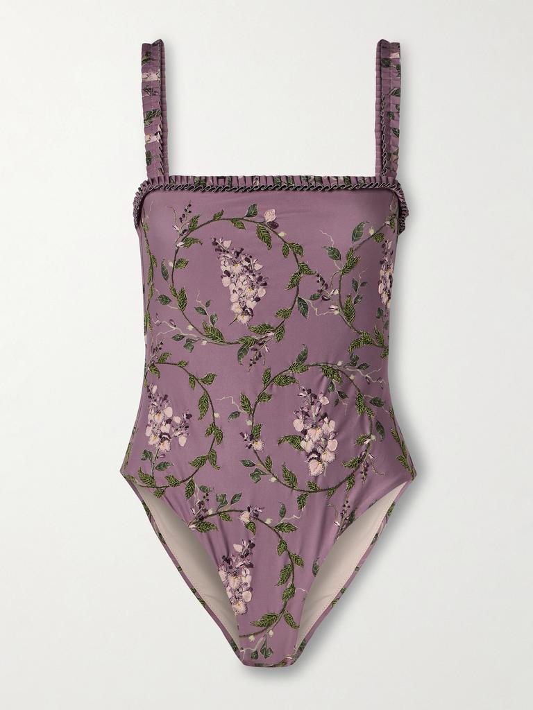 Agua by Agua Bendita Limón Wisteria 荷叶边刺绣再生连体泳衣