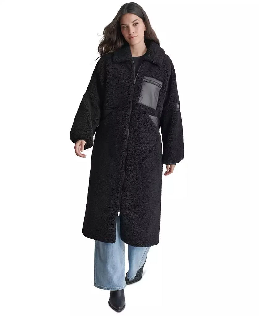 DKNY Women's Sherpa Fleece Contrast-Trim Zip-Front Coat 1
