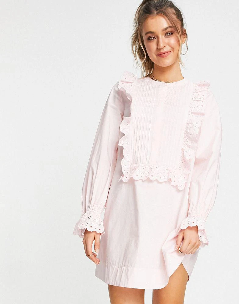 & Other Stories & Other Stories cotton frill embroidered mini dress in pastel pink - PINK 1