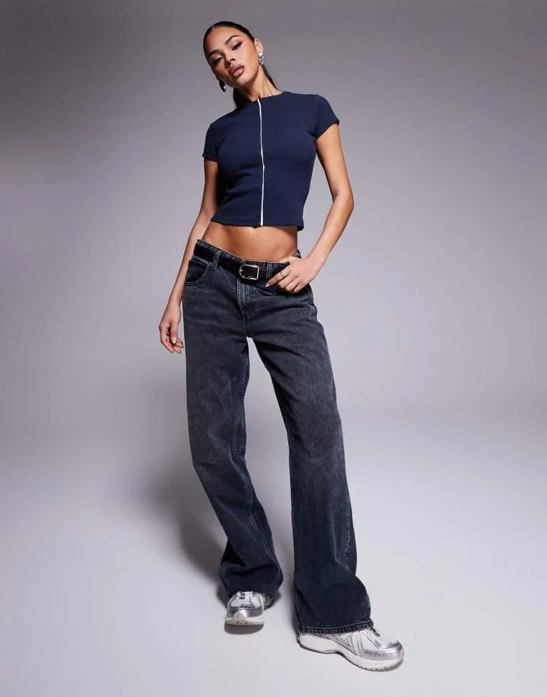 ASOS ASOS DESIGN short sleeve top with contrast piping in navy 2