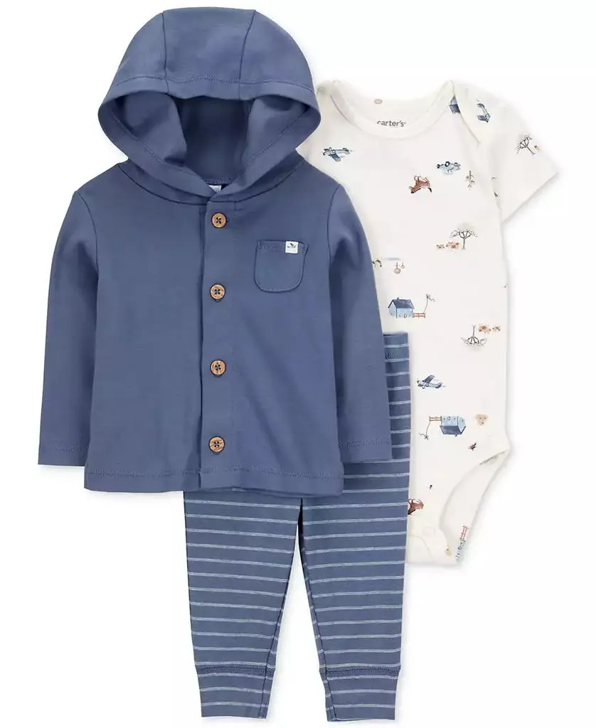 Carter's Baby Boys Cotton Little Character Set® Hooded Cardigan, Barn-Print Bodysuit & Striped Pants, 3 Piece Set