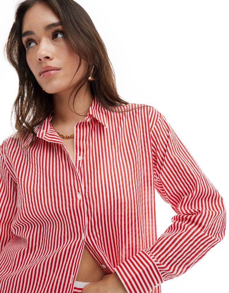 Stradivarius Stradivarius longline beach shirt in red stripe co-ord 3