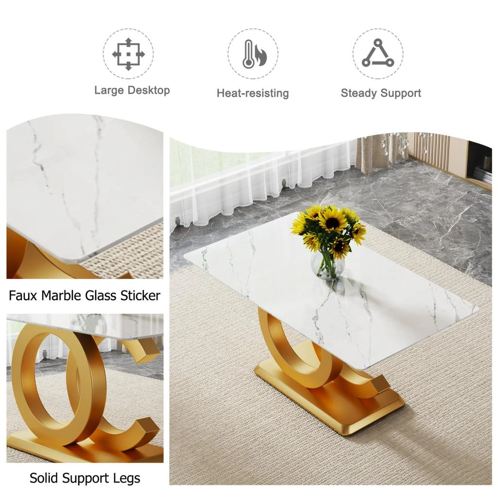 Streamdale Furniture Streamdale Tempered Glass Marble Top Dining Table with Gold OC Legs 6