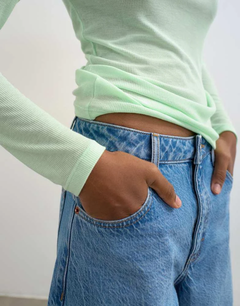 Topshop Topshop premium sheer rib scoop neck long sleeve top in mint green 3