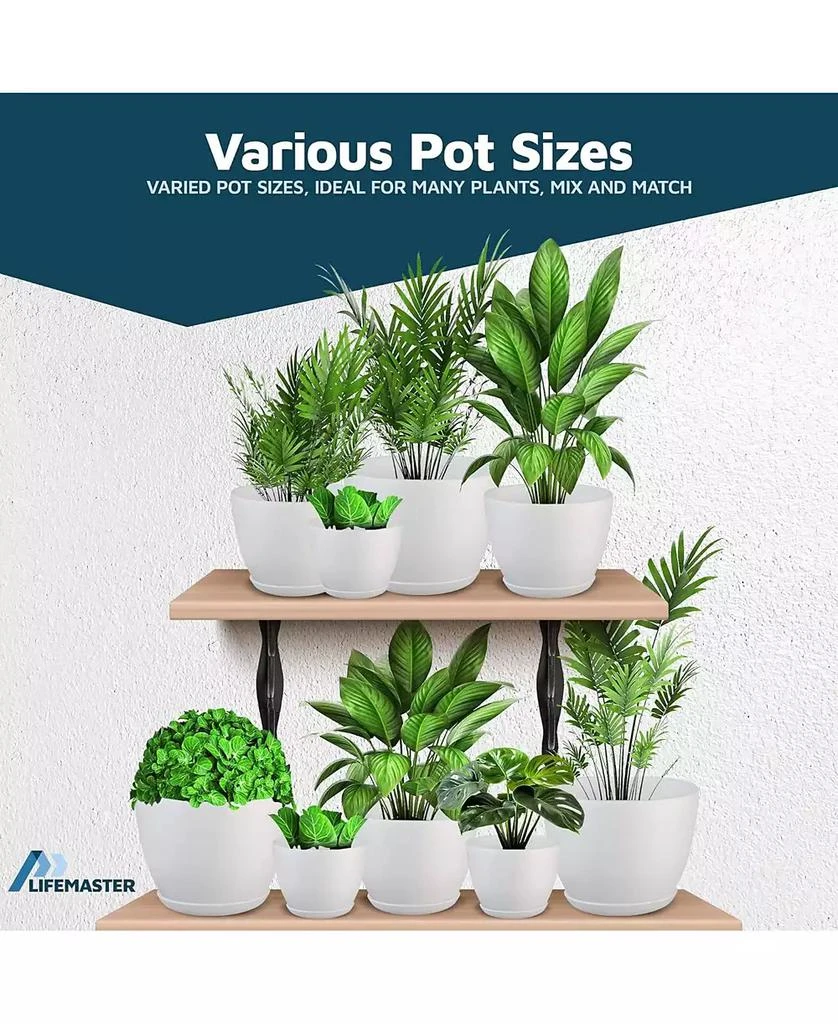 Lifemaster White Plant Pots 5-Pack with Drainage Holes 
Saucers, Stackable Indoor 
Outdoor Plastic Planters in Multiple Sizes, Durable Matte Finish 5