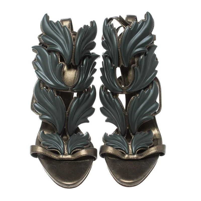 Giuseppe Zanotti Giuseppe Zanotti Olive Green Leather Argent Metal Wing Embellished Strappy Sandals Size 37 3