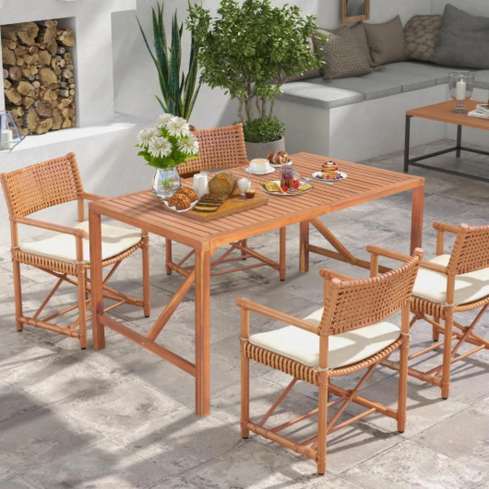 Hivvago 55 Inch Patio Rectangular Acacia Wood Dining Table with Umbrella Hole