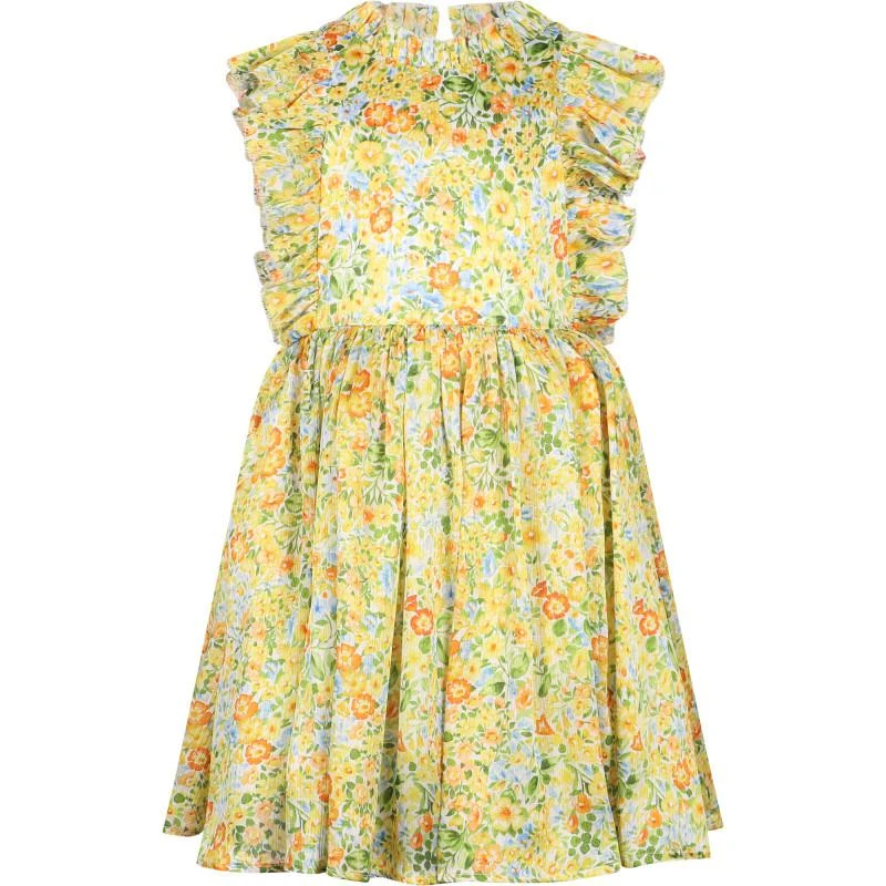 Abel & Lula Floral print all over ruffled dress with open back in yellow 1