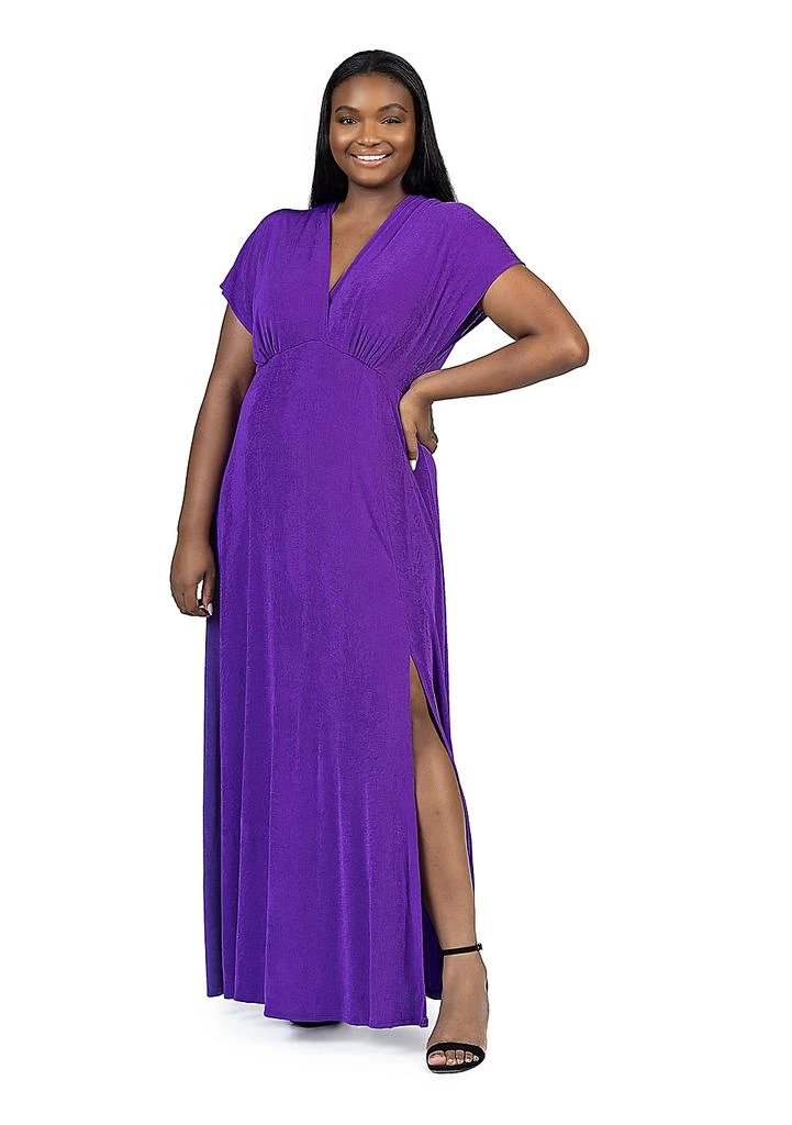 24seven Comfort Apparel Plus Size Flutter Sleeve Metallic Knit Maxi Dress Front Slit Empire Waist - Purple - 2X