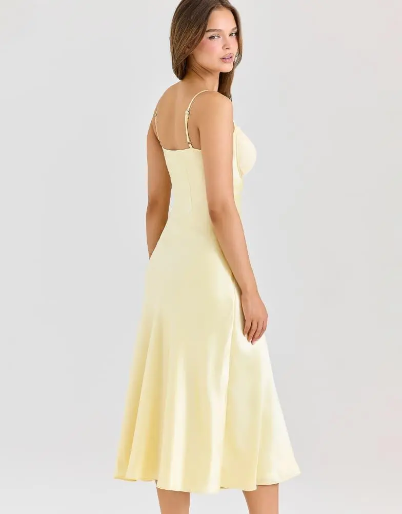 House OF CB Womens Yellow Felicity Floral-Print Satin Midi Dress L (A-C Cup)