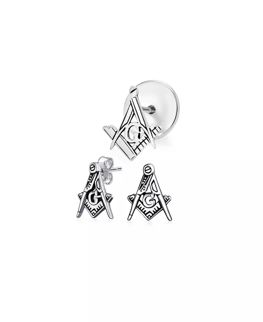 Bling Jewelry Set of 2 Masonic Freemason Stud Earrings and Brooch Pin in Sterling Silver