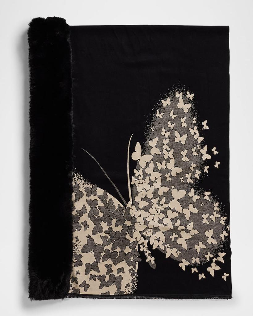 La Fiorentina Butterfly-Print Wrap with Faux Fur Trim