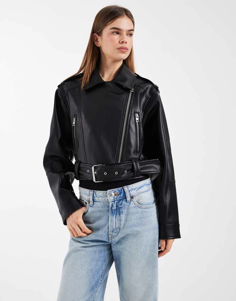 ASOS ASOS DESIGN leather look shrunken biker jacket in black