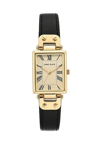 Anne Klein Black Leather Strap Gold Tone Case Watch