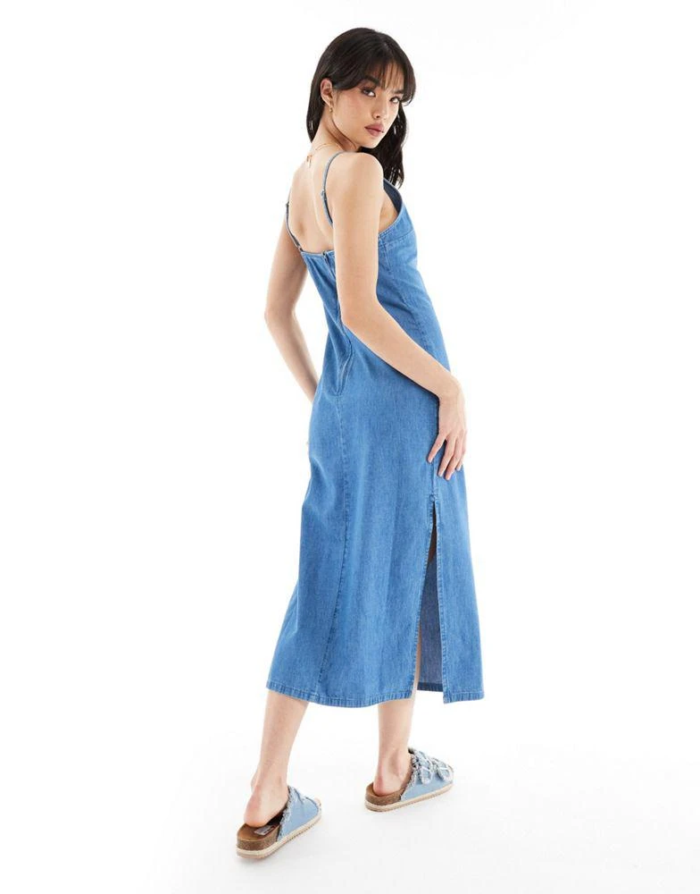 ASOS ASOS DESIGN soft denim midi dress with boat neck and side split in mid wash blue 2