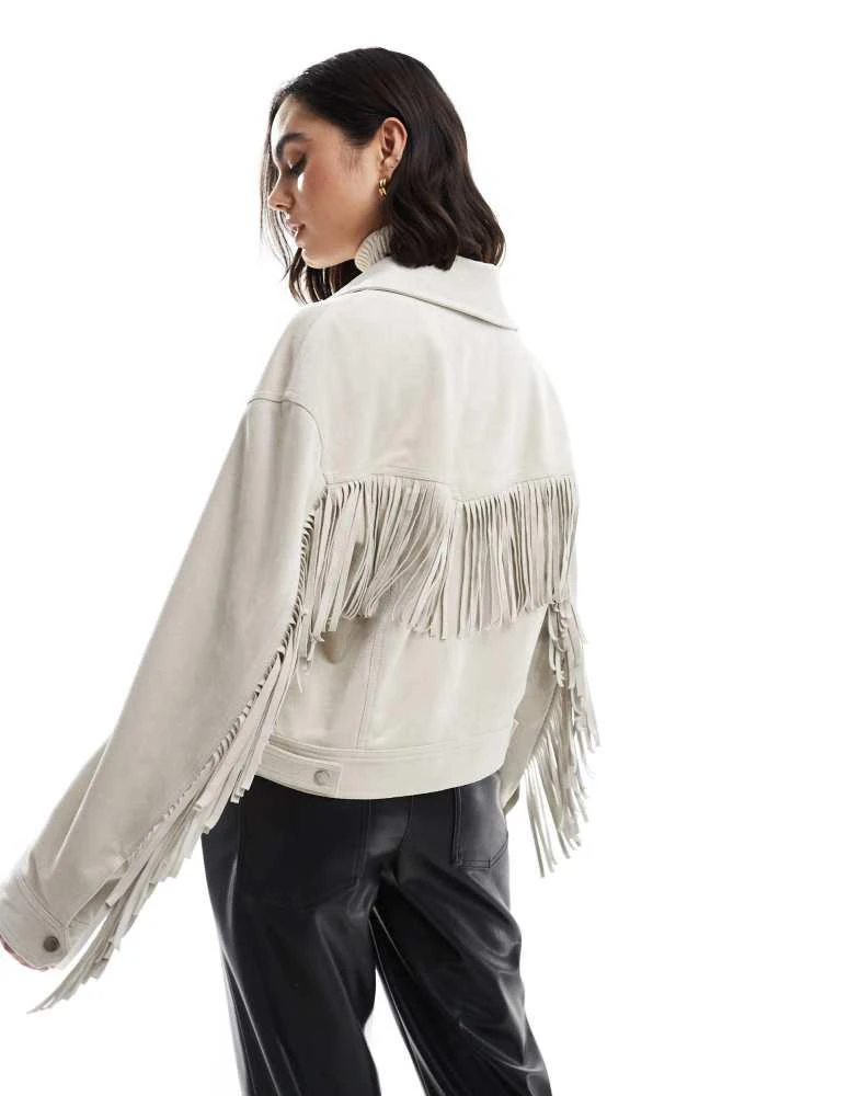Bershka Bershka faux suede fringe detail jacket in ecru 3