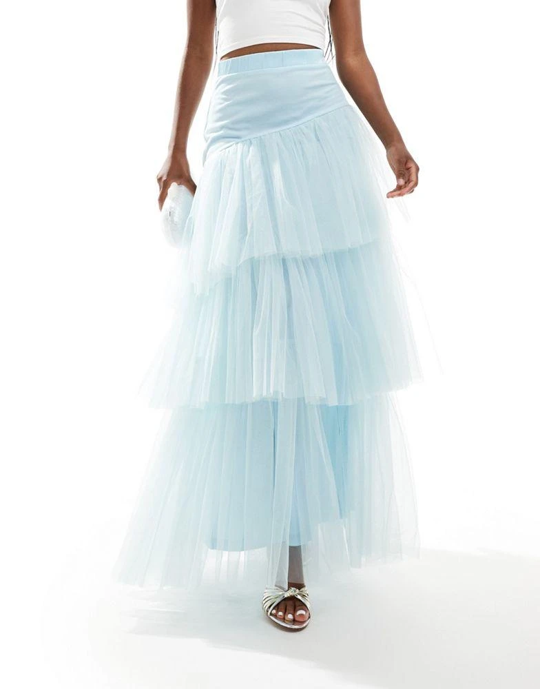 Lace & Beads Lace & Beads asymmetric tulle maxi skirt in sky blue 4