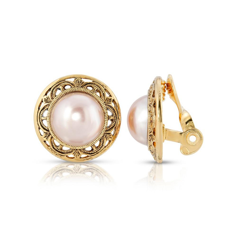 2028 Gold Tone Imitation Pearl Round Button Clip Earrings