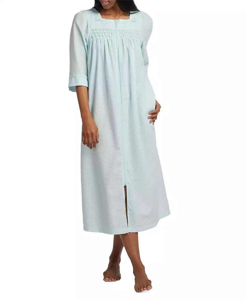 Miss Elaine Long Zipper Embroidered Seersucker Robe 1