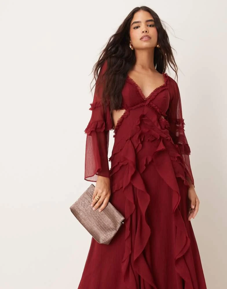 ASOS ASOS DESIGN ruffle v neck long sleeve maxi dress in burgundy 4