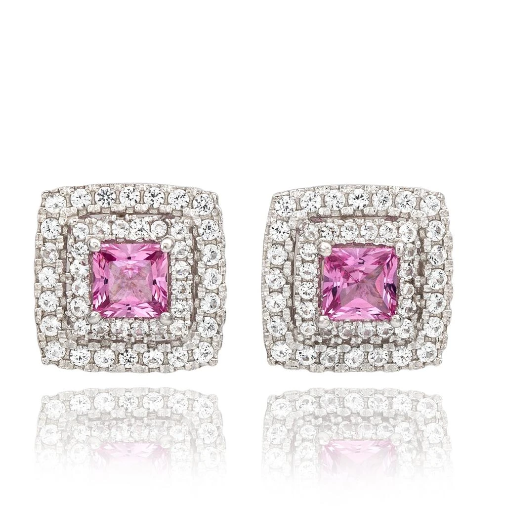 Suzy Levian Sterling Silver Square Cut Pink Sapphire 
Created White Sapphire Double Halo Stud Earrings