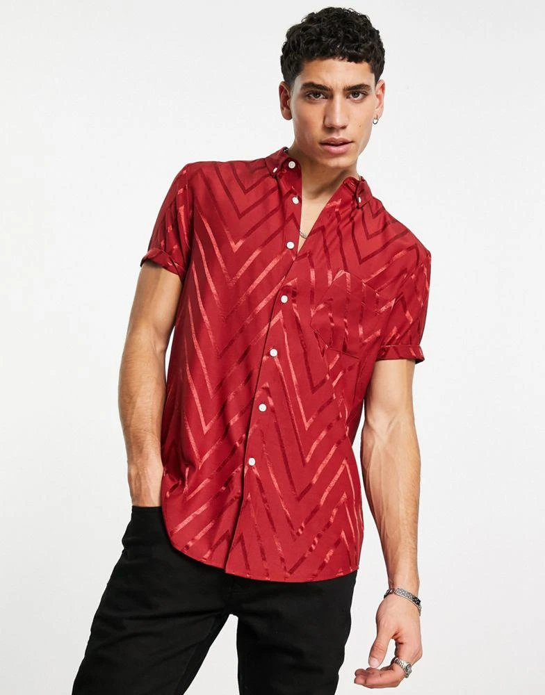 ASOS ASOS DESIGN regular fit shirt in burgundy jacquard print 2