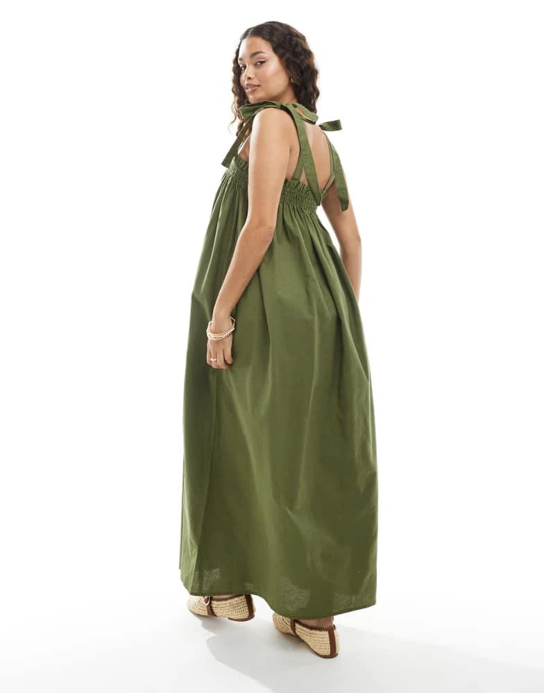 Miss Selfridge Miss Selfridge Petite strappy poplin maxi smock dress in olive 4