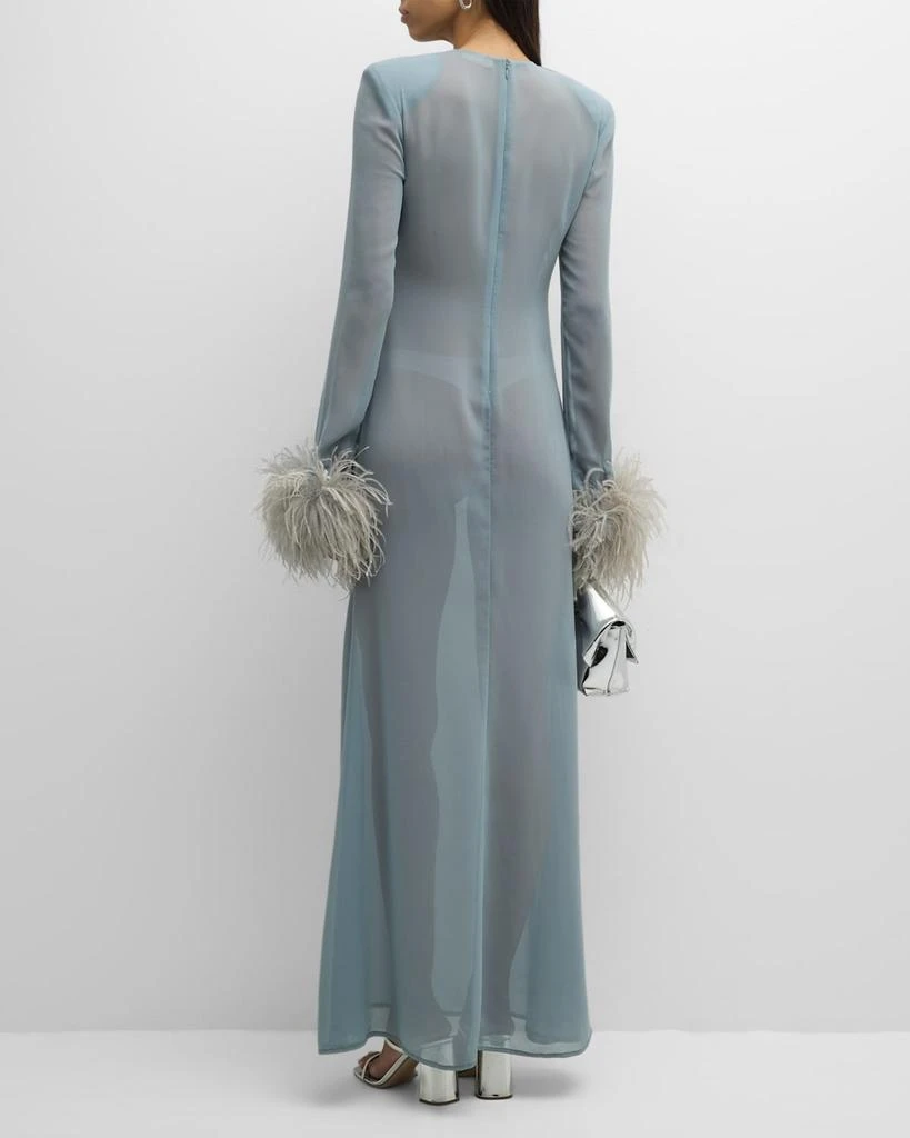 LAPOINTE Feather-Cuff Long-Sleeve Strong-Shoulder Sheer Georgette Maxi Dress 4