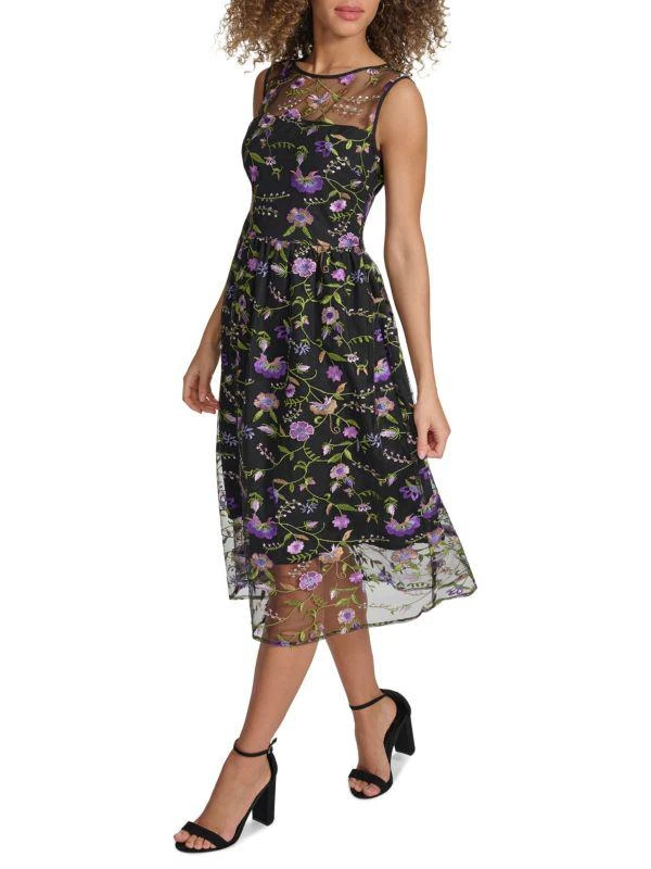 Kensie Floral Embroidered Mesh Fit & Flare Midi Dress 3