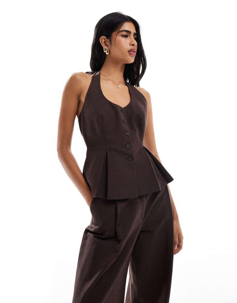 ASOS ASOS DESIGN linen blend tailored halter top in chocolate