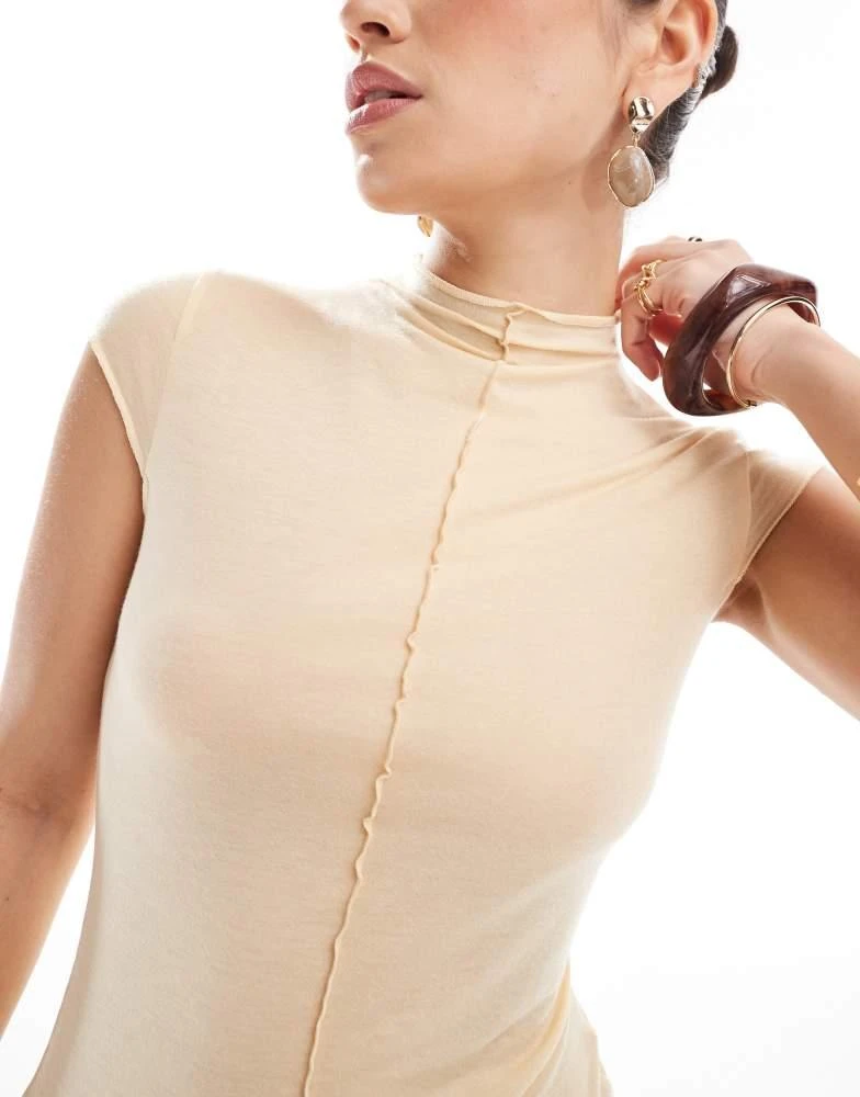 Monki Monki sheer slim fit ribbed t-shirt in butter yellow 2