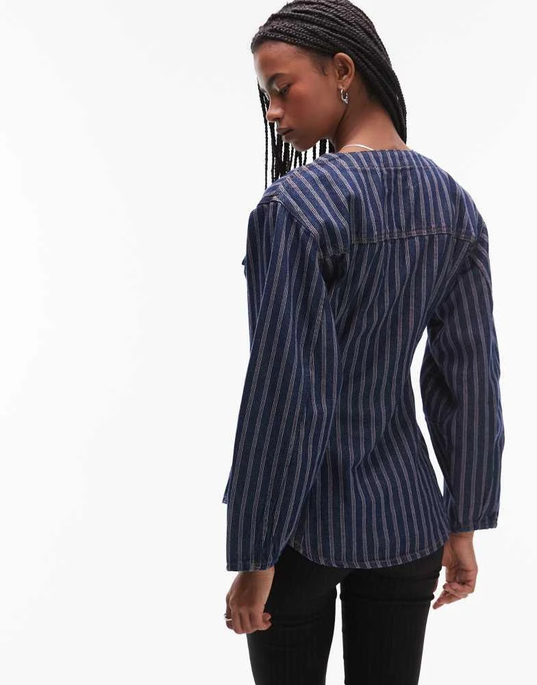 Topshop Topshop red stripe cinched denim shirt in indigo 4